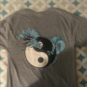 Gray T-Shirt with Yin Yang and Blue Dragon Design